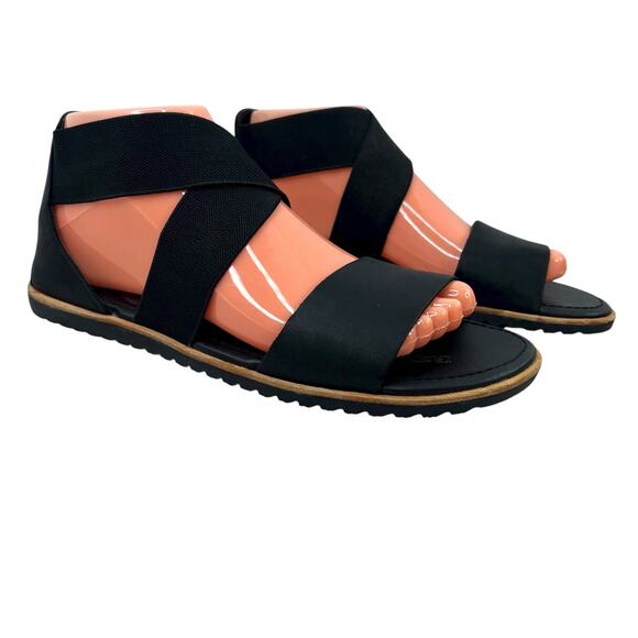 SOREL Ella Leather Flat Sandal Criss Cross Elastic Straps in Black Women's 8.5 - Picture 4 of 13
